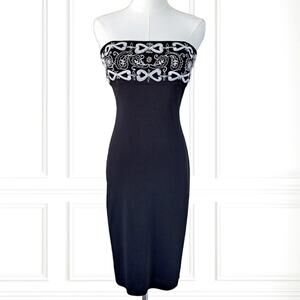 Vintage Y2K CACHE Black Strapless Beaded Sheath Dress Size 6 Party Bodycon